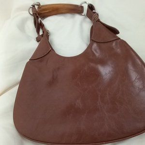 Leather Tan Purse with Wooden Handle
